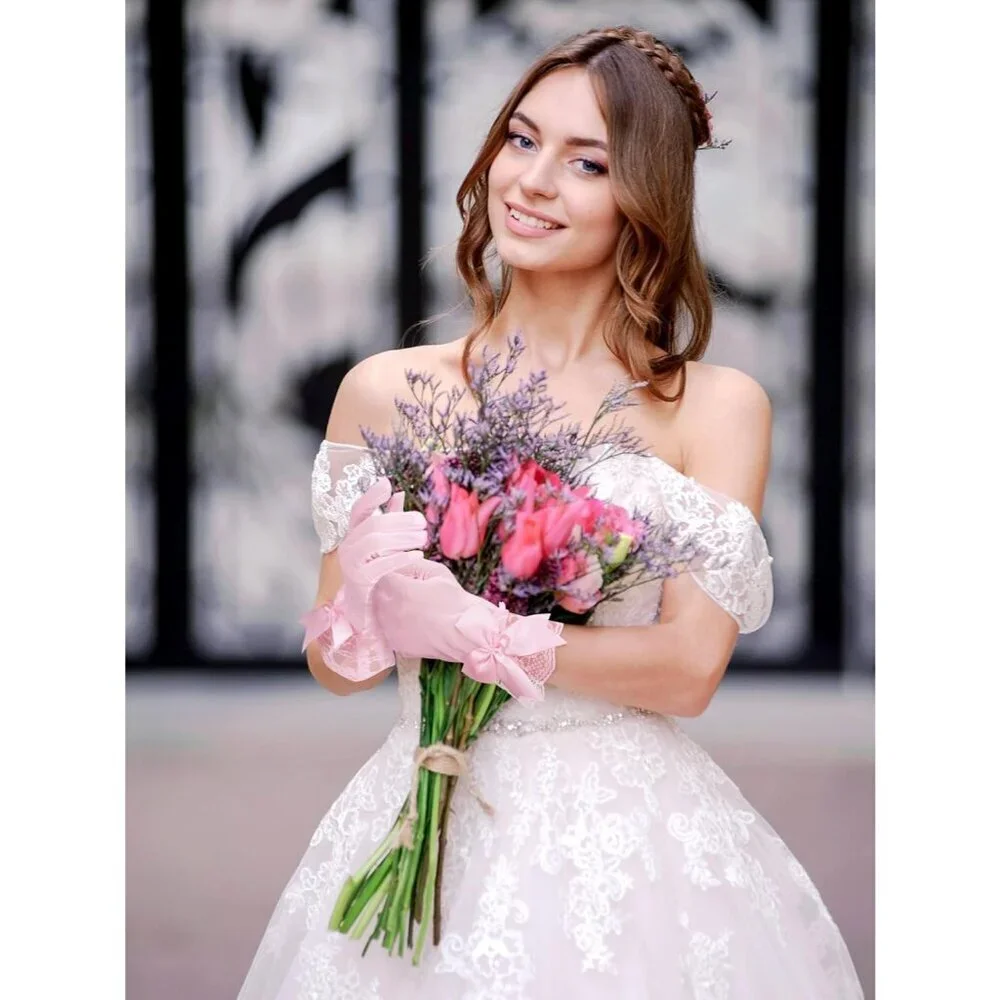 Women's Evening Pink Elegant Short Lace Bow Gloves Party Wedding Accessories